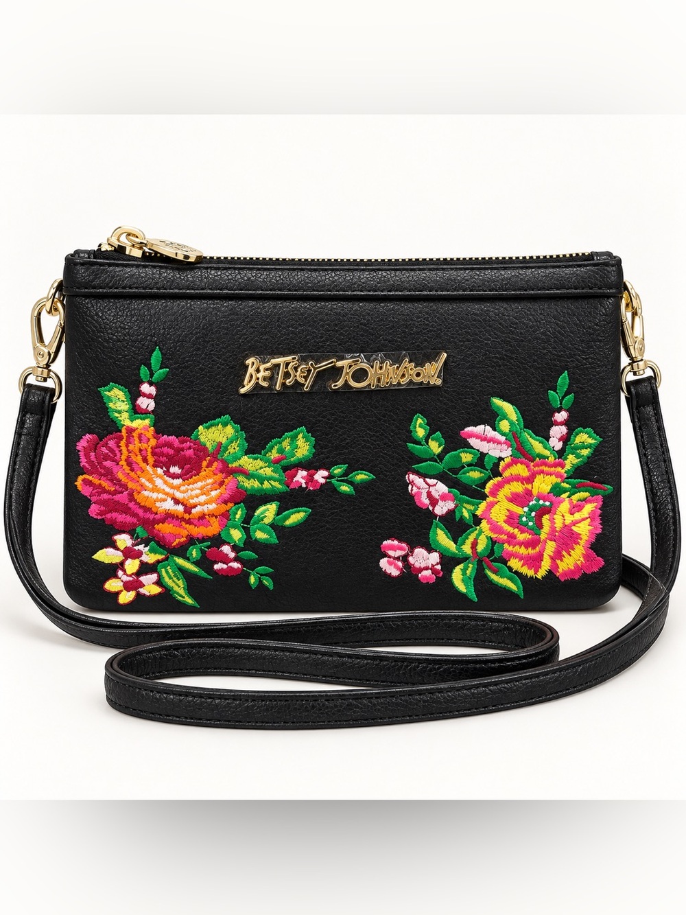 Betsey Johnson Black Crossbody Bag with Bright Floral Embroidery
